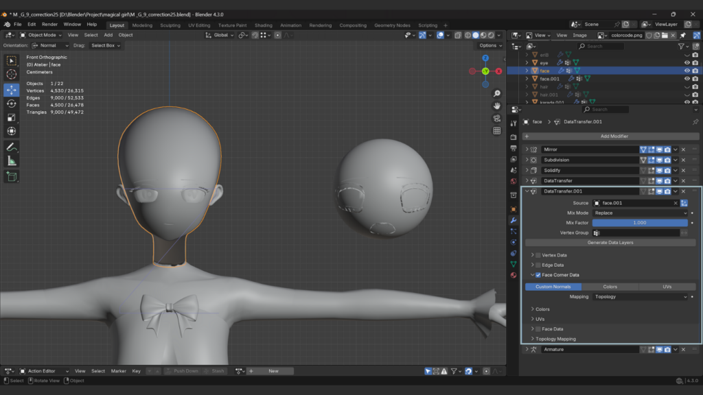 Face Corner DataとCustom Normalsをオンにし、MappingはTopology