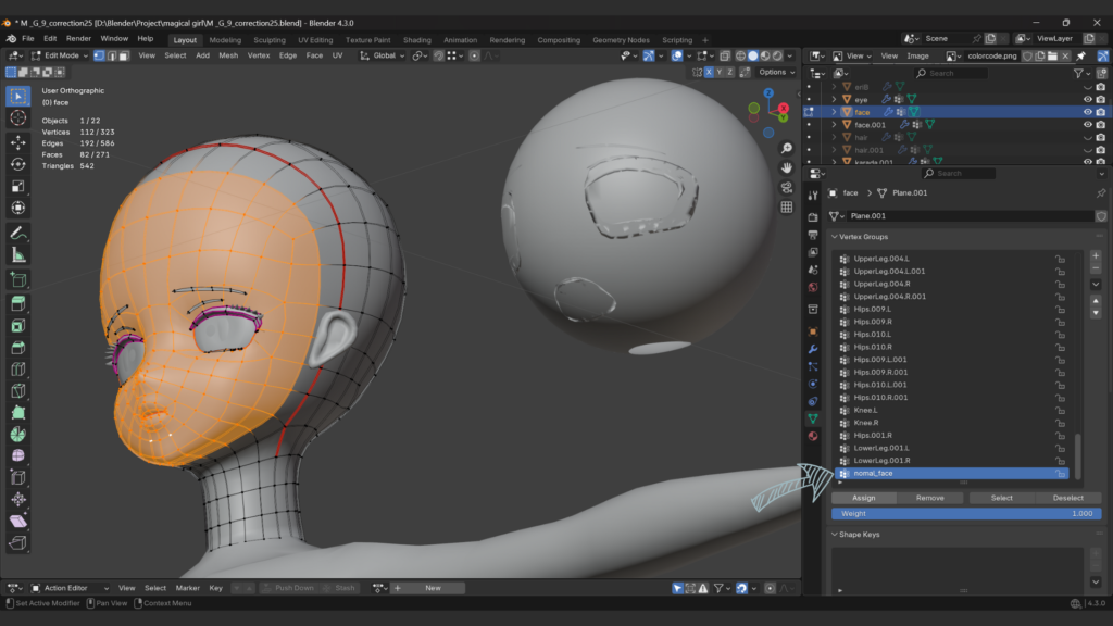本体の顔に頂点グループを作る