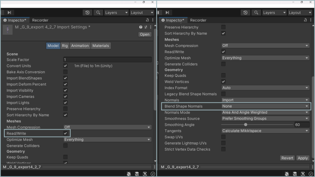「Read/Write」にチェックを入れる・「Blend Shape Nomals」を None にする