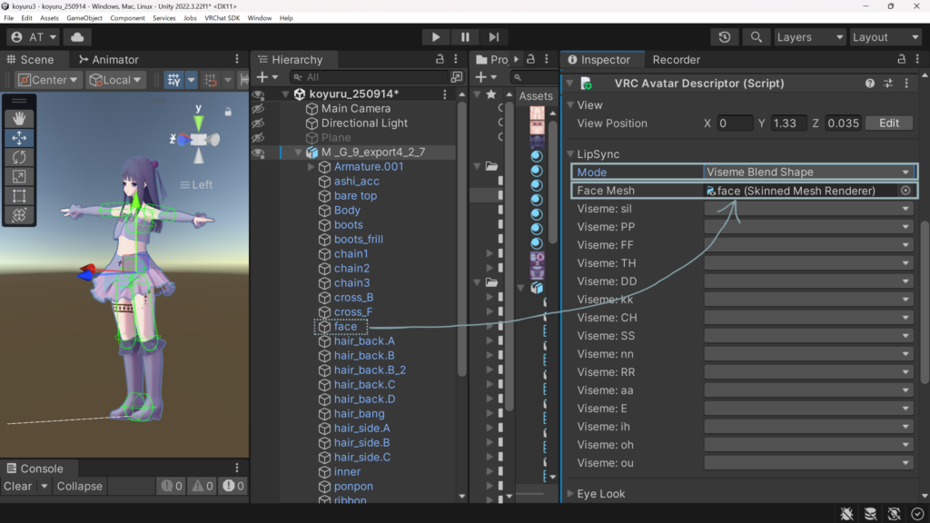 LipSyncのModeを「Viseme Blend Shape」・「Face Mesh」に顔のオブジェクトをD&D